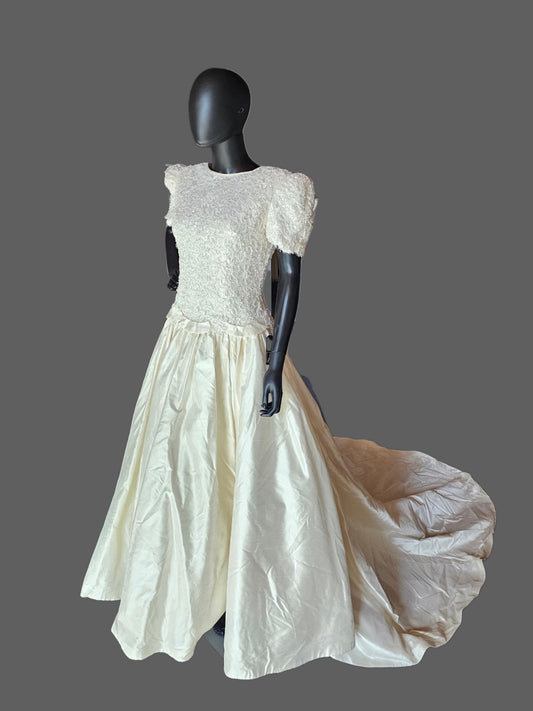 Vintage Ivory Silk Cap Sleeve Drop Waist Wedding Gown - Marisa