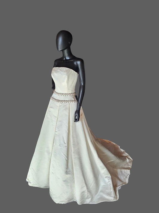 Vintage Y2K Strapless Satin Drop Waist Rhinestone Detail Wedding Gown - Lazaro