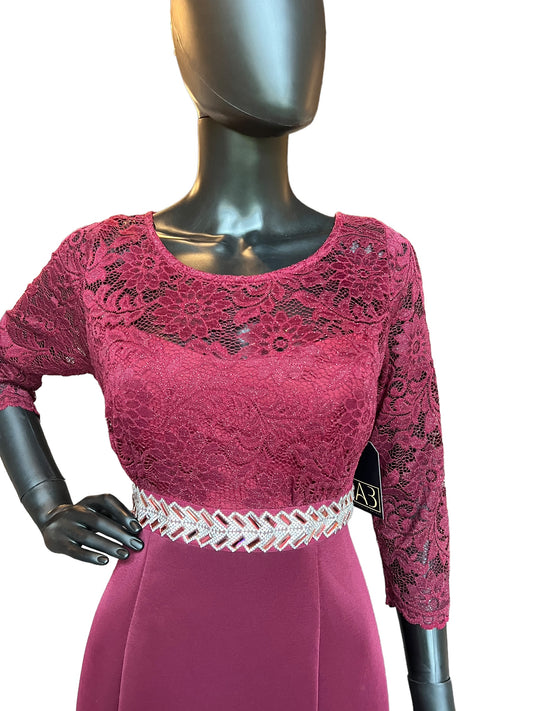 Red Fit & Flare Lace Illusion Jewel Sash Formal Dress