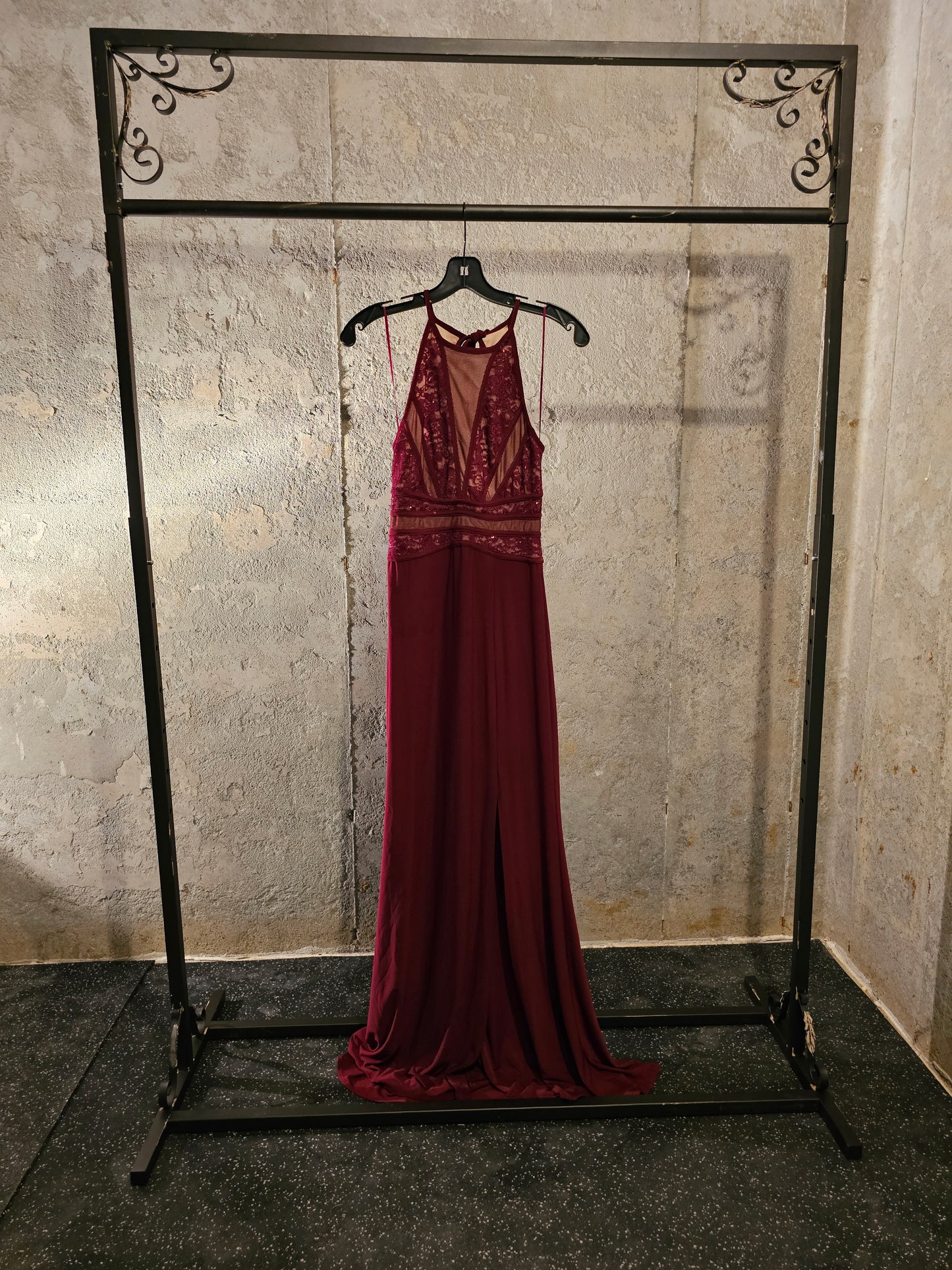 Wine Jersey Lace Halter Formal Dress