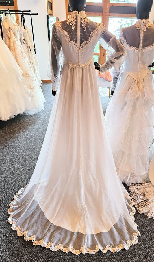 Vintage 70s Lace Chiffon High-Collar Wedding Gown