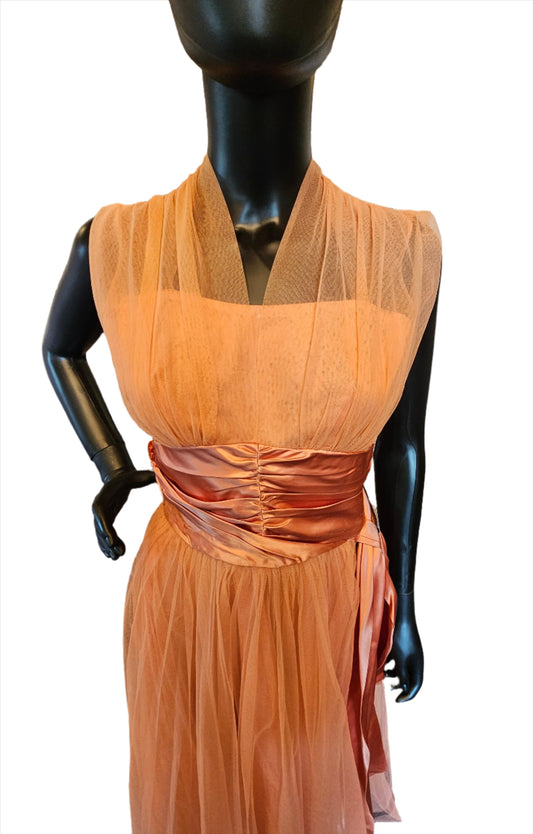 Vintage 50s Coral Satin/Tulle Party Dress / Cocktail Dress