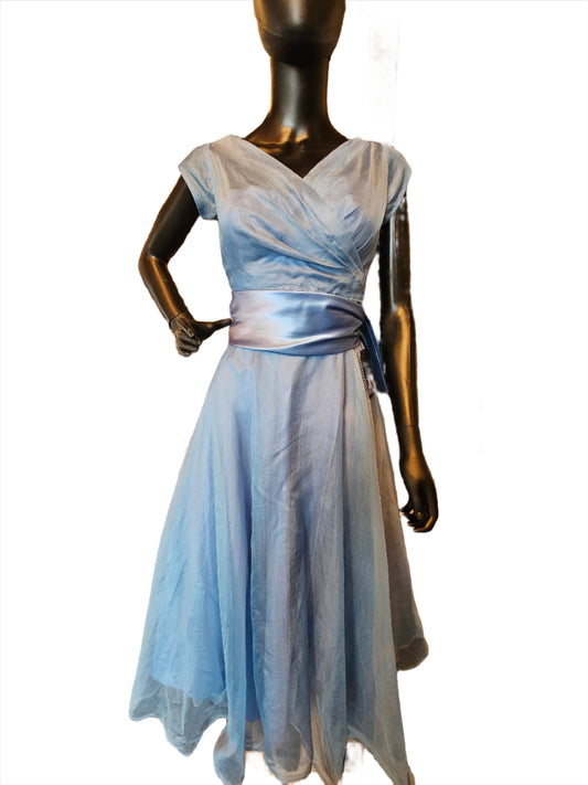 Vintage 50s Blue Organza Party Dress / Evening Gown