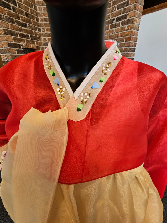 Butter Yellow and Red Hanfu Dress - Hand Painted Floral