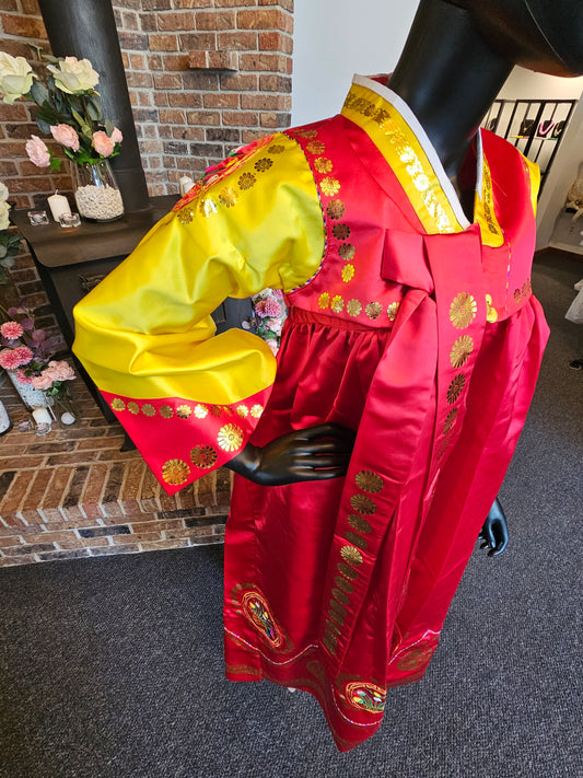 Red & Yellow Satin Hanfu Embroidered Formal Dress