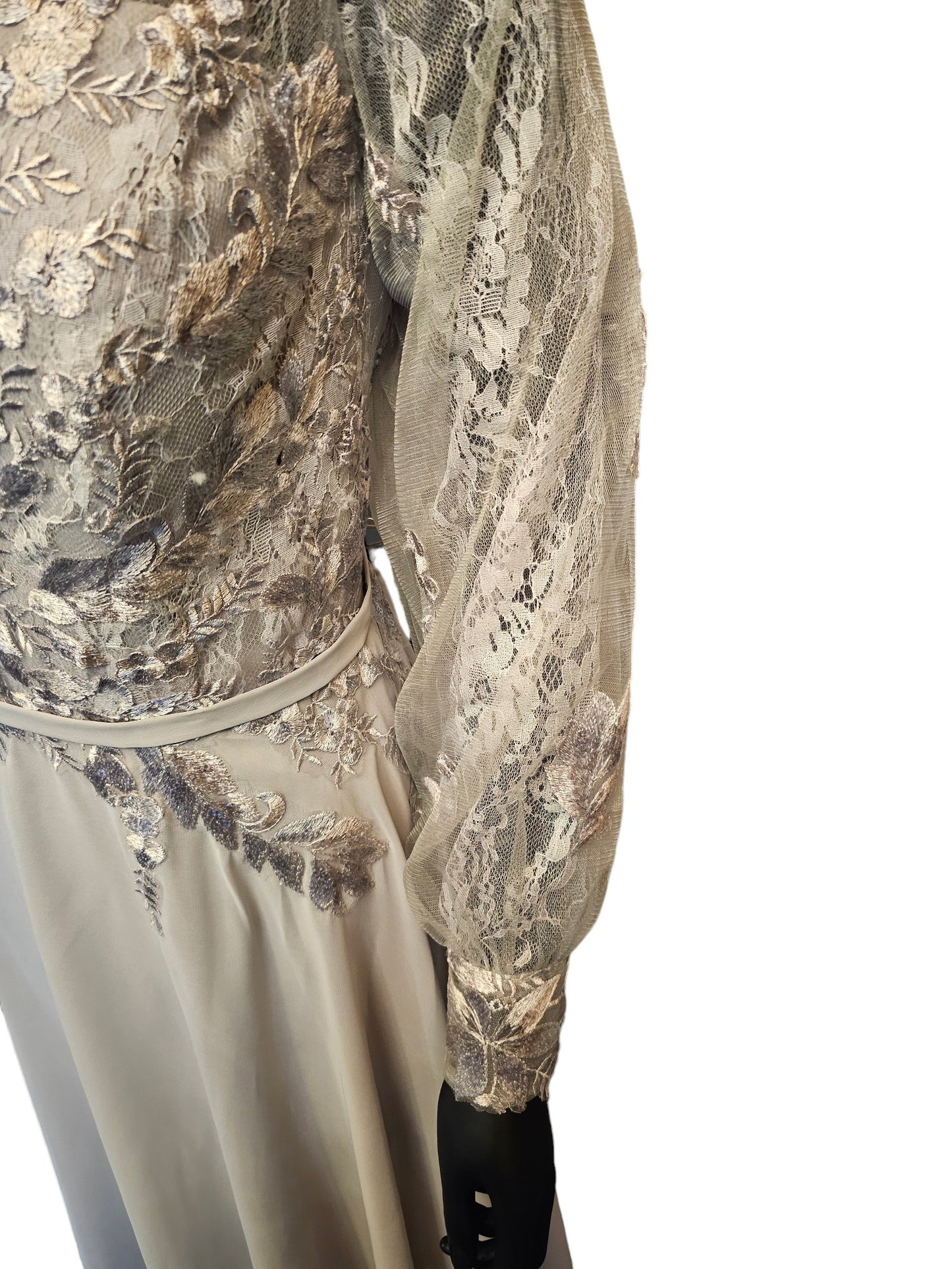 Grey/Silver Lace Sleeve Chiffon Maxi Formal Gown