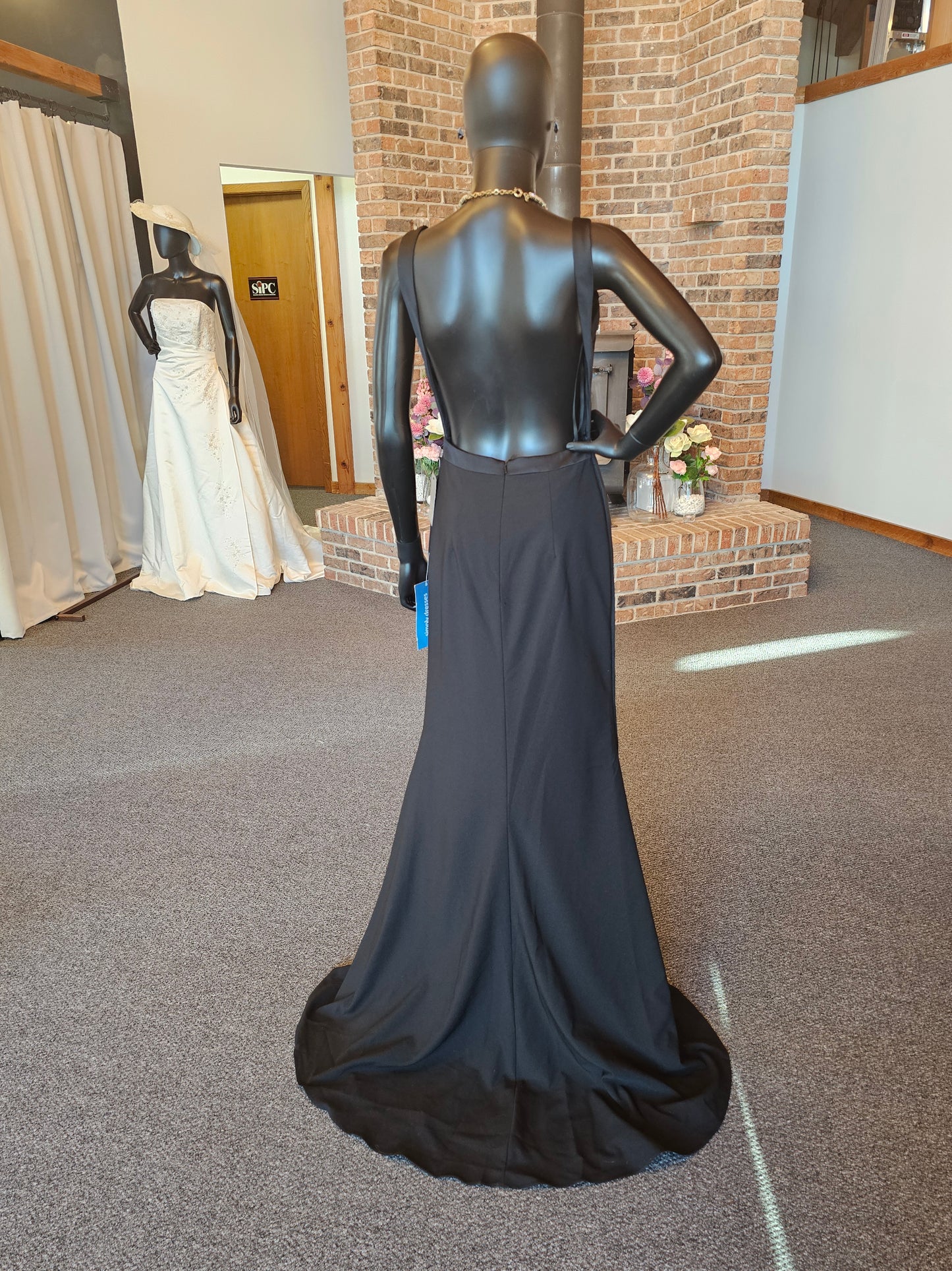 Black Tux Stripe Mori Lee Open Back Full Length Formal Gown