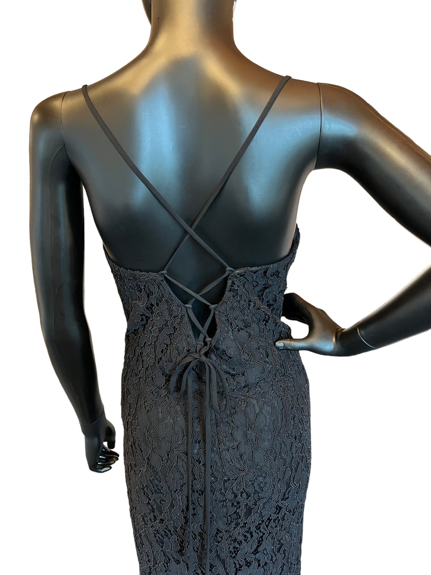 Hayley Paige Corded Black Lace Maxi Formal Dress