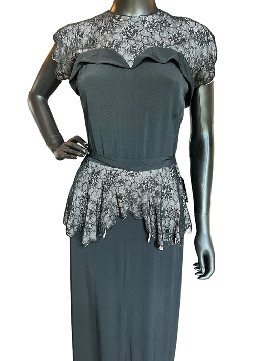 Vintage 40s Black Rayon/Lace Formal Gown