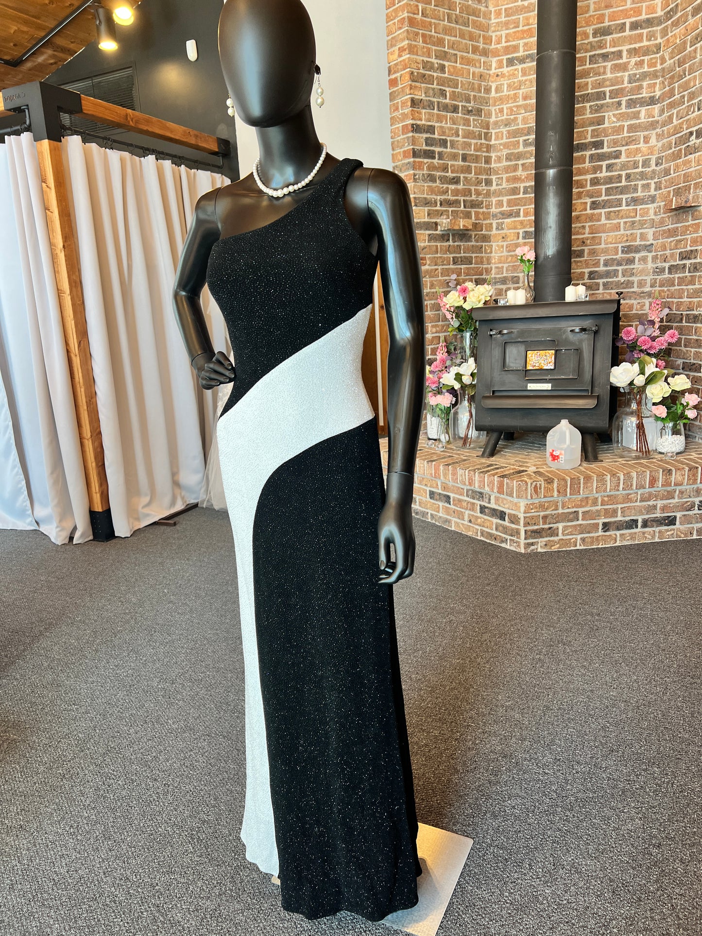 Black/White Sparkle One Shoulder Full Length Formal Gown
