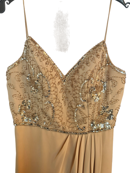 Adrianna Papell Nude Beaded Empire Chiffon Formal Gown