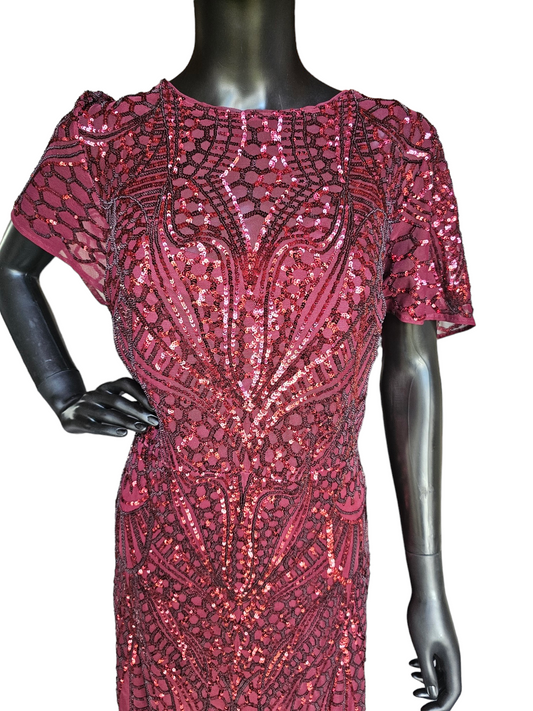 Red Sequin Flutter Sleeve Formal Gown