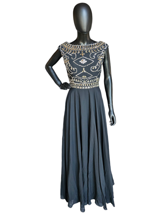 Black Chiffon Boatneck Large Crystal Bodice Full Length Formal Gown