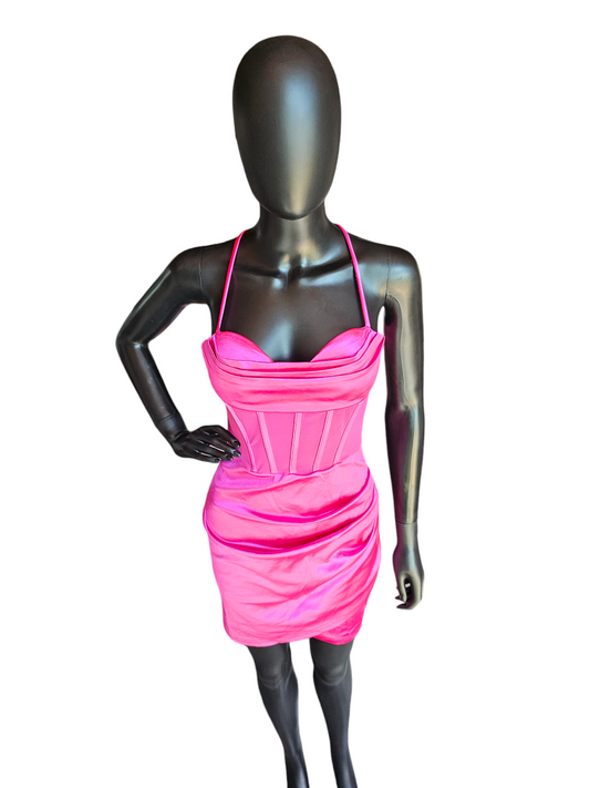 Hot Pink Satin Illusion Panel Cocktail Dress / Party Dress - Lovesome