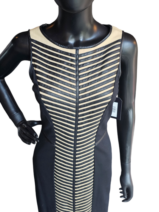 Black/Tan Leather Chevron Sheath Dress - Cynthia Steffe