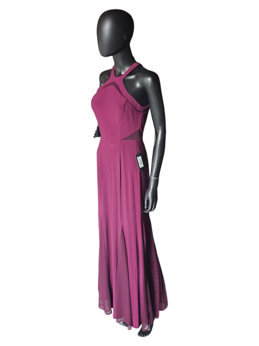 Burgundy Illusion Halter Full Length Formal Gown - Nightway