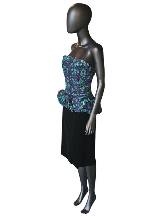 Black Velvet/Blue Glitter Vintage Party Dress - Victor Costa
