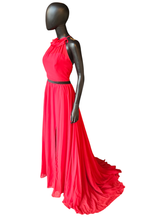 Red/Black Chiffon Gathered Halter Formal Gown With Train - Alfred Angelo