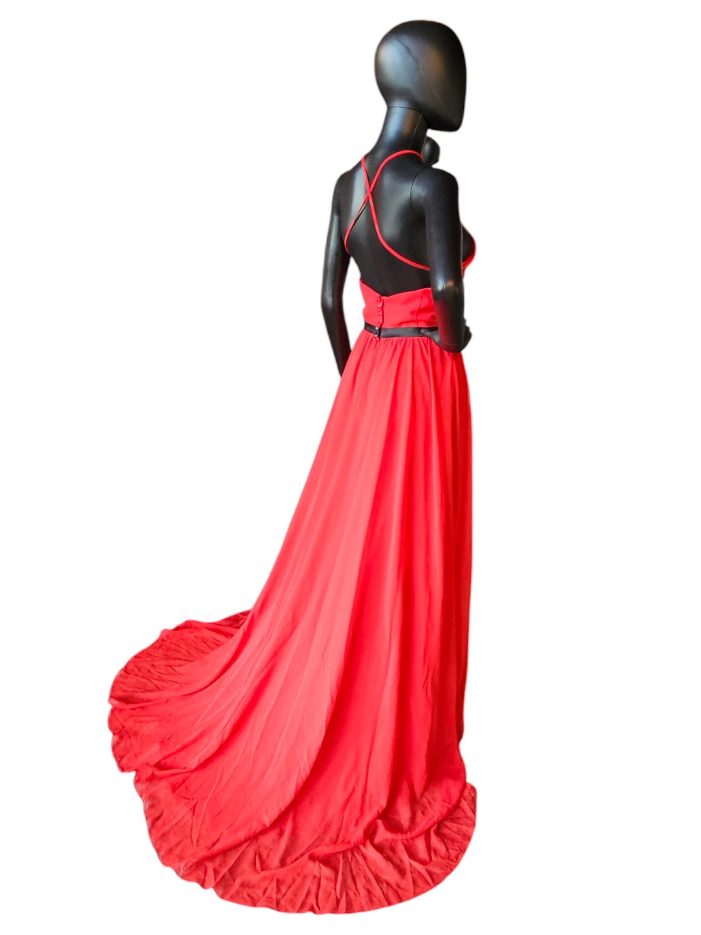 Red/Black Chiffon Gathered Halter Formal Gown With Train - Alfred Angelo