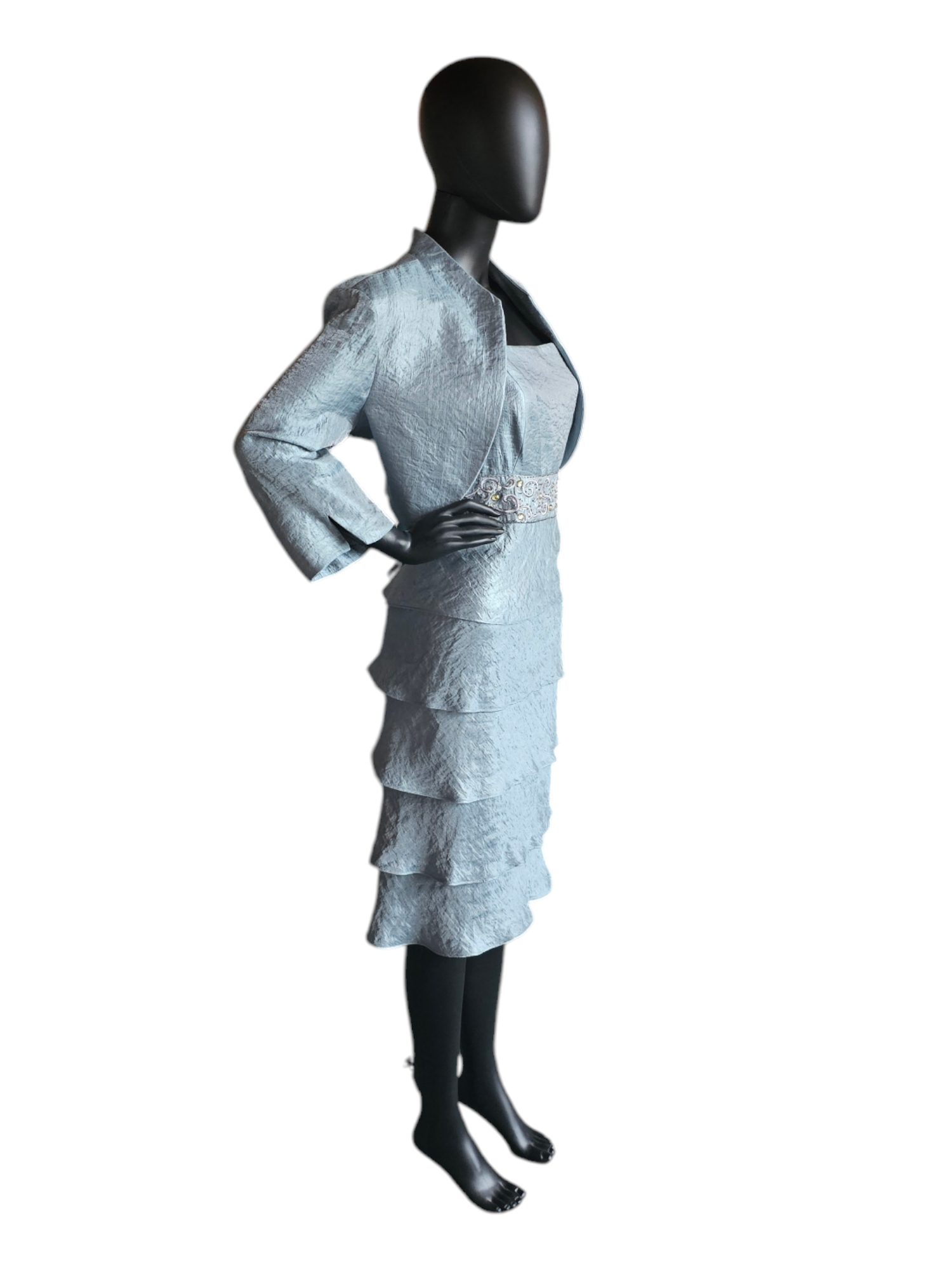 Metallic Seafoam Blue Tiered Cocktail Dress W/Jacket