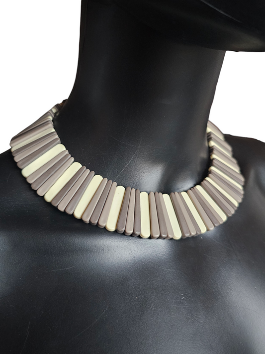 Vintage 70's Tri-Color Tribal Bead Collar Necklace + Clip on Earring