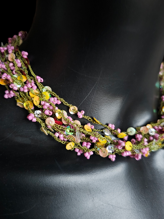 Crochet Bead Pink/Green/Yellow Necklace