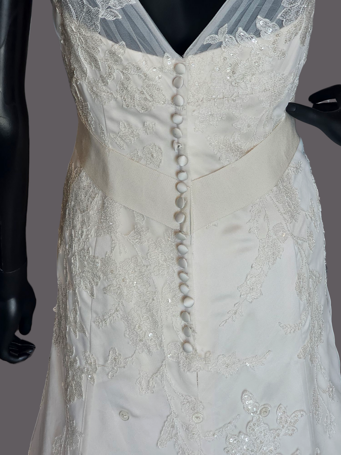 V-Neck Lace Applique Fit & Flare Wedding Gown - Oleg Cassini