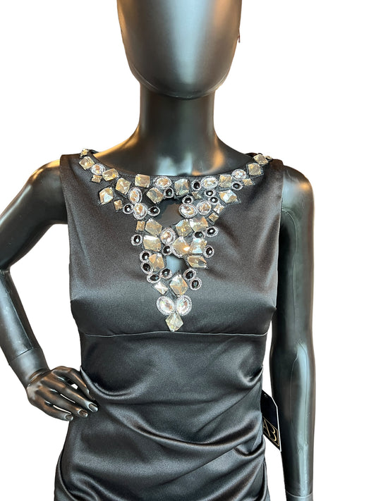 Black Satin Bejeweled Mid-Length Dress