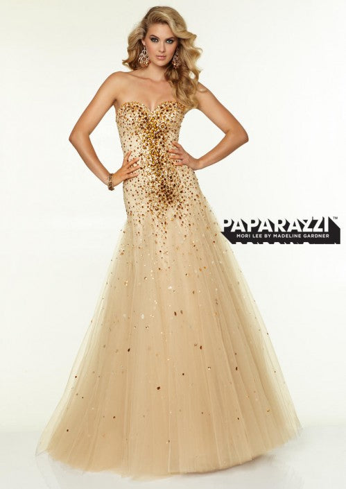 Champagne Crystal Tulle Full Length Formal Gown - Mori Lee