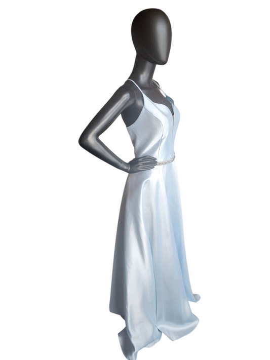 Periwinkle Plunge Belted A-Line Mikado Formal Dress