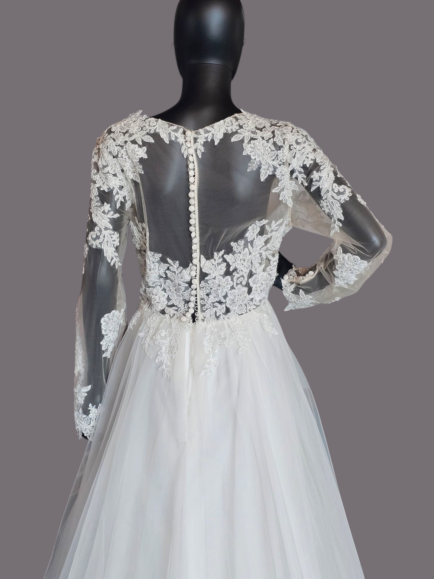 Illusion Bodice Long Sleeve A-Line Wedding Gown - Evelyn Bridal