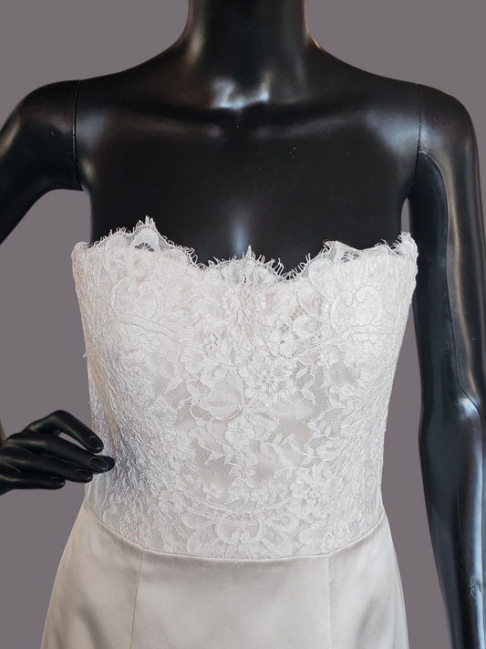 Oyster Satin/Lace Bodice Fit and Flare Wedding Gown