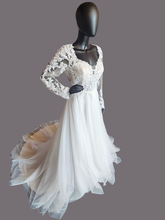 Illusion Bodice Long Sleeve A-Line Wedding Gown - Evelyn Bridal