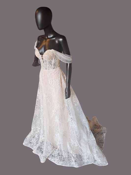 Natural Waist Off Shoulder Vintage Rose Embroidered Wedding Gown