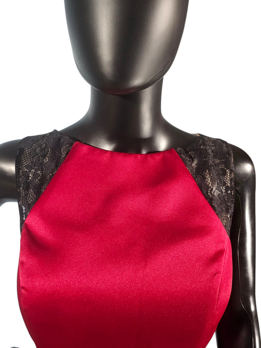 Claret Satin/Black Lace Illusion Back A-Line - Da Vinci