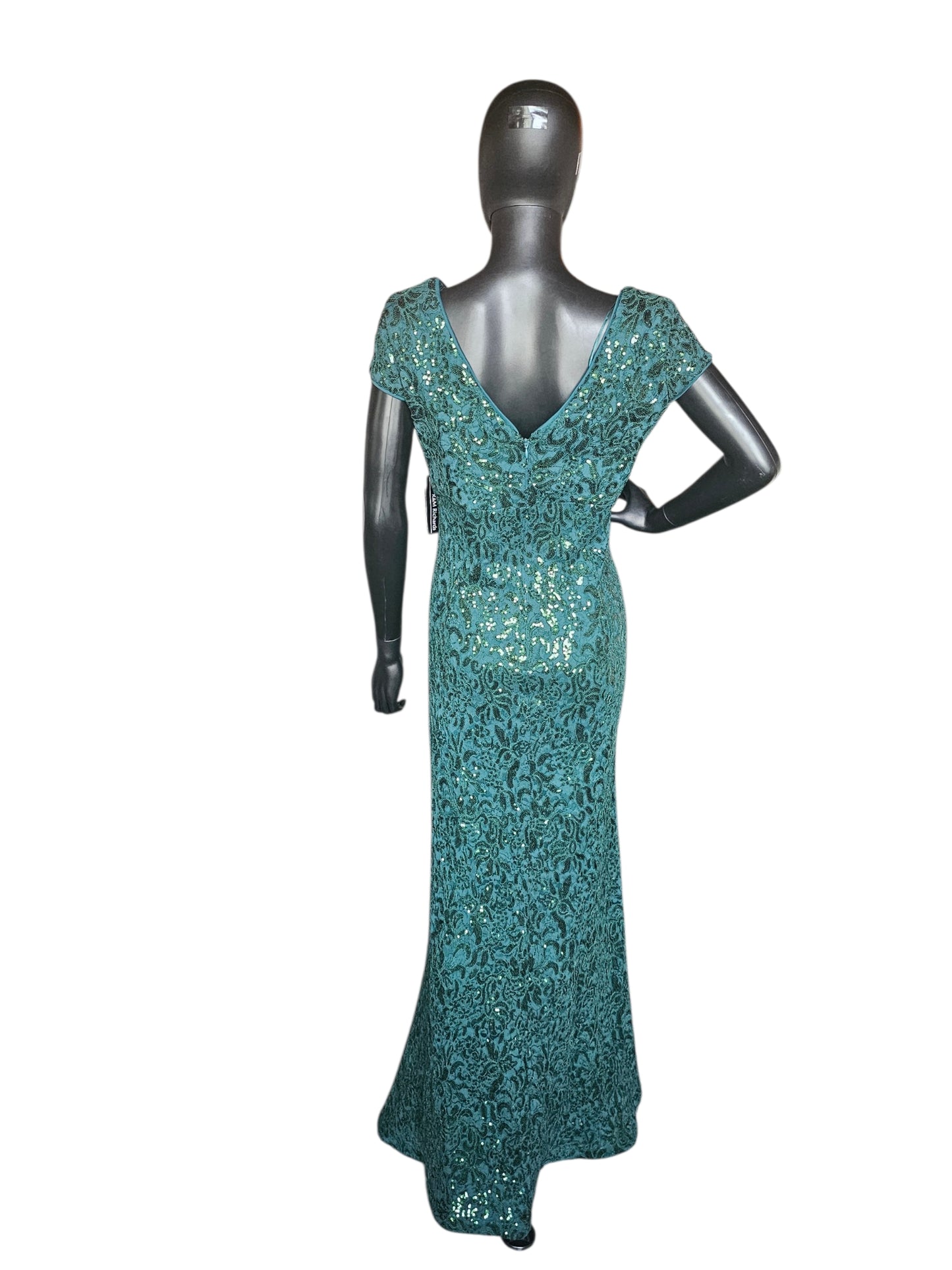 Hunter Green Floral Sequin Detail Cap Sleeve Full Length Formal Dress - R & M Richards