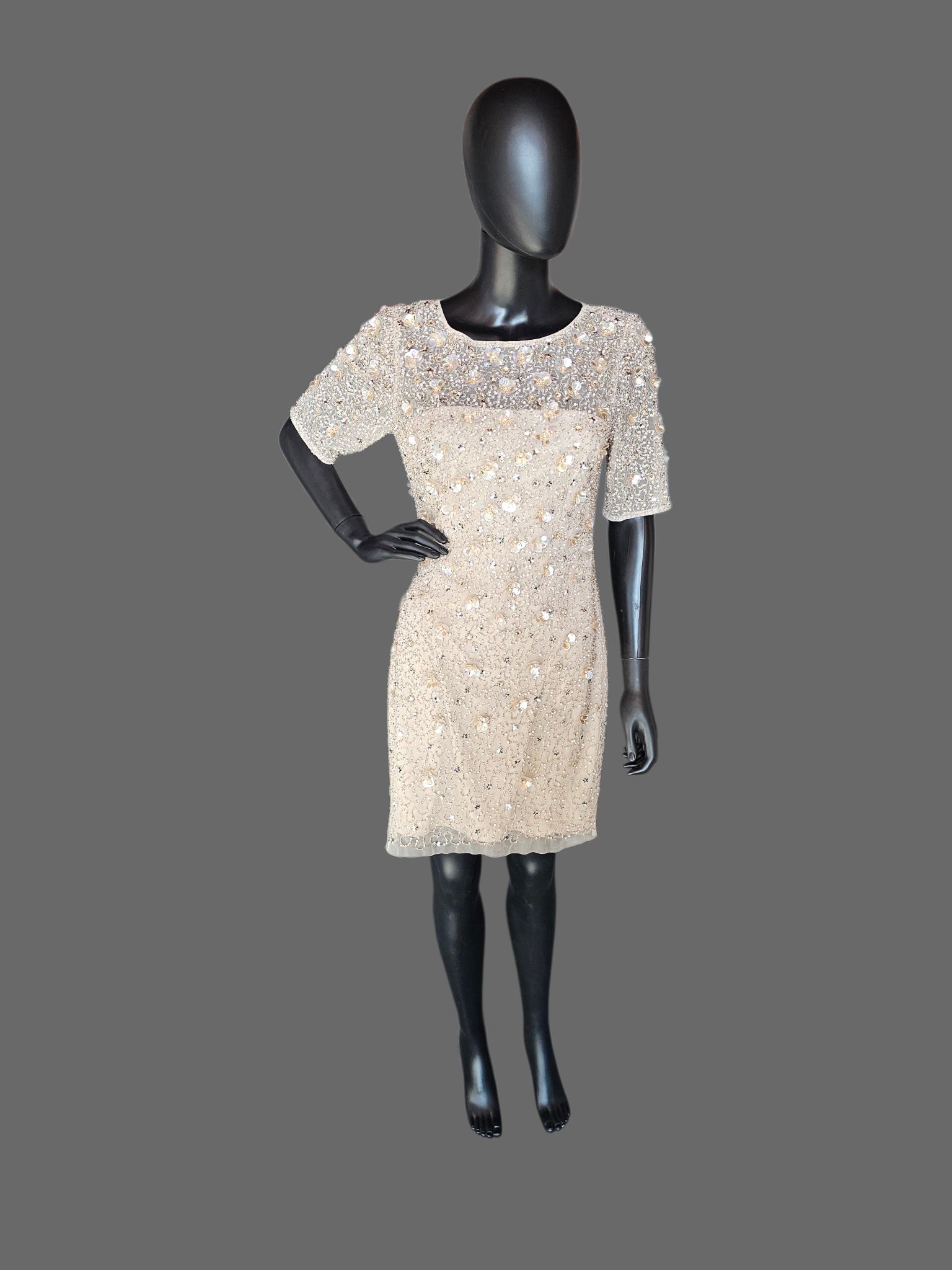 Nude Short Cap Sleeve Floral Beaded Cocktail Dress