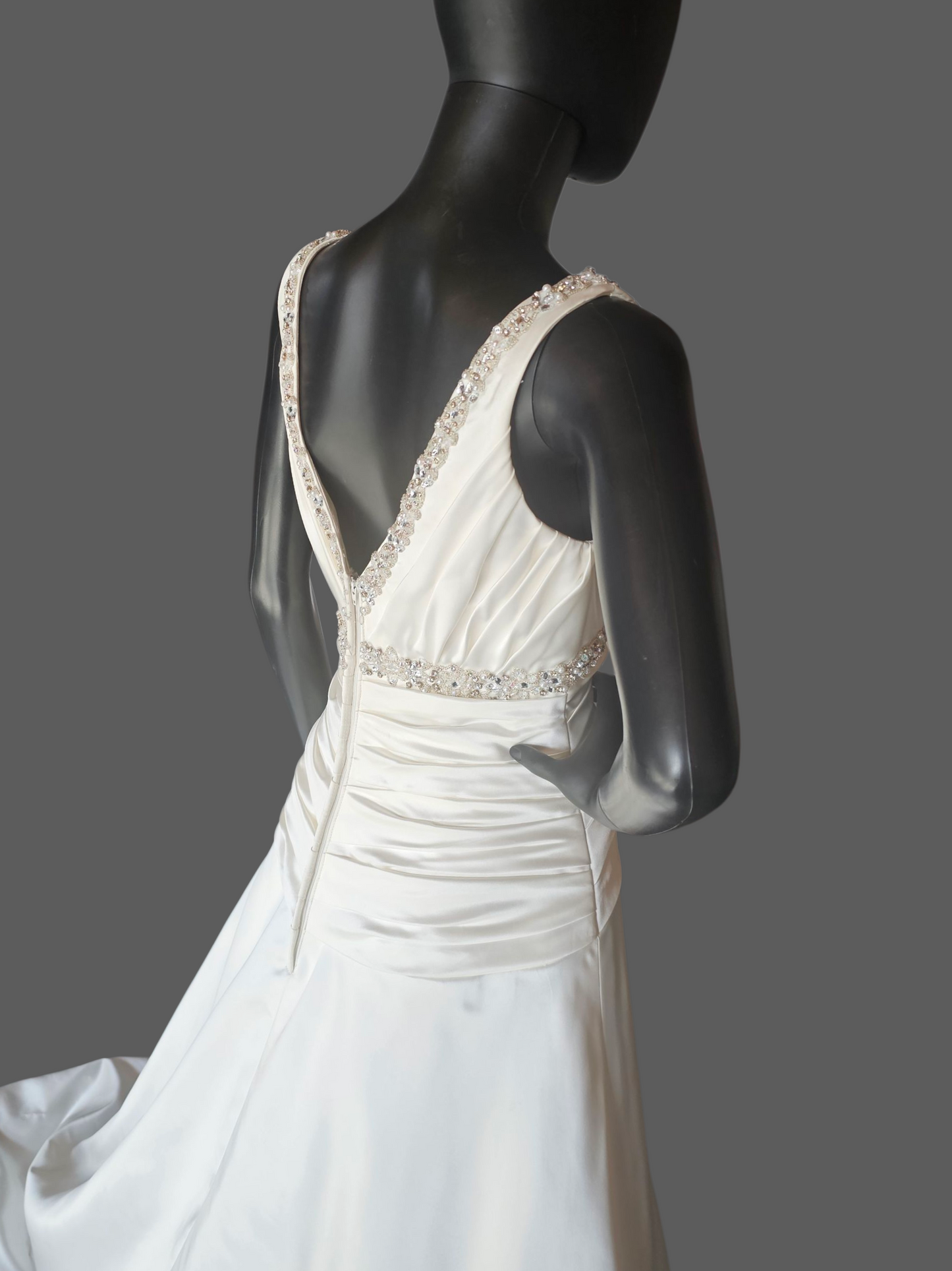 Ivory Satin V-Neck Jewel Detail A-Line Wedding Gown - Mori Lee