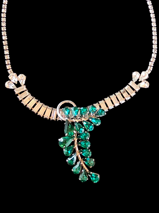 Vintage Rhinestone/Green Leaf Necklace