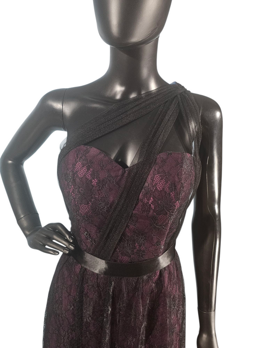 Aubergine/Black Lace One Shoulder Cocktail Dress - Da Vinci