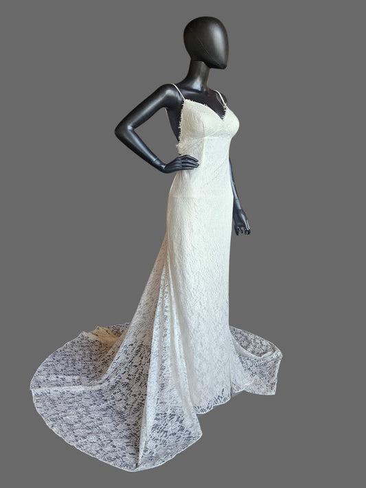 Floral Lace Fit/Flare Open Back Spaghetti Strap Fitted Wedding Gown - Galina