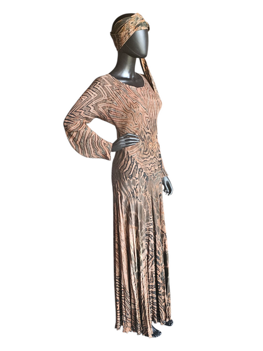 Brown/Black Shibori Silk Hand Dyed Bias Cut Maxi Swing Dress - Carter + Teri