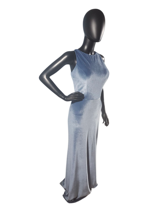 Slate Stretch Velvet Multi-Strap Maxi Formal Dress - Mori Lee