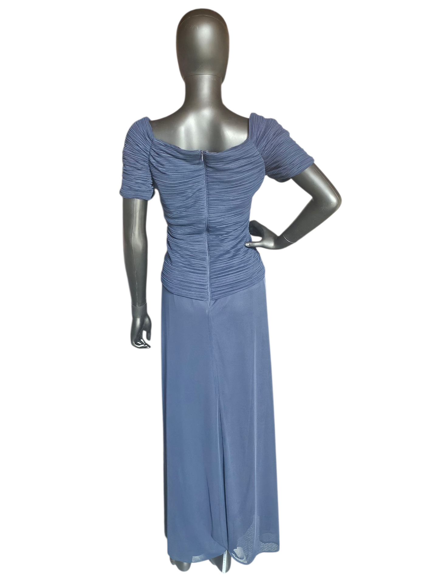 Navy Shirred Cap Sleeve Formal Dress