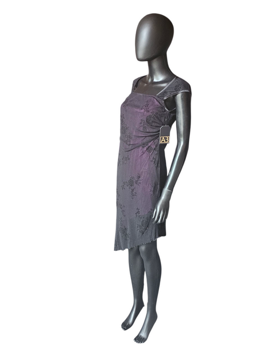 Mid Length Dress Asymetrical Black Overlay W/Purple Rose Burnout NWT - Moda