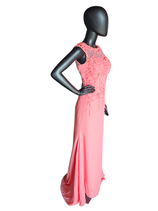Coral Fitted Beaded Formal Maxi Dress - Hebeos