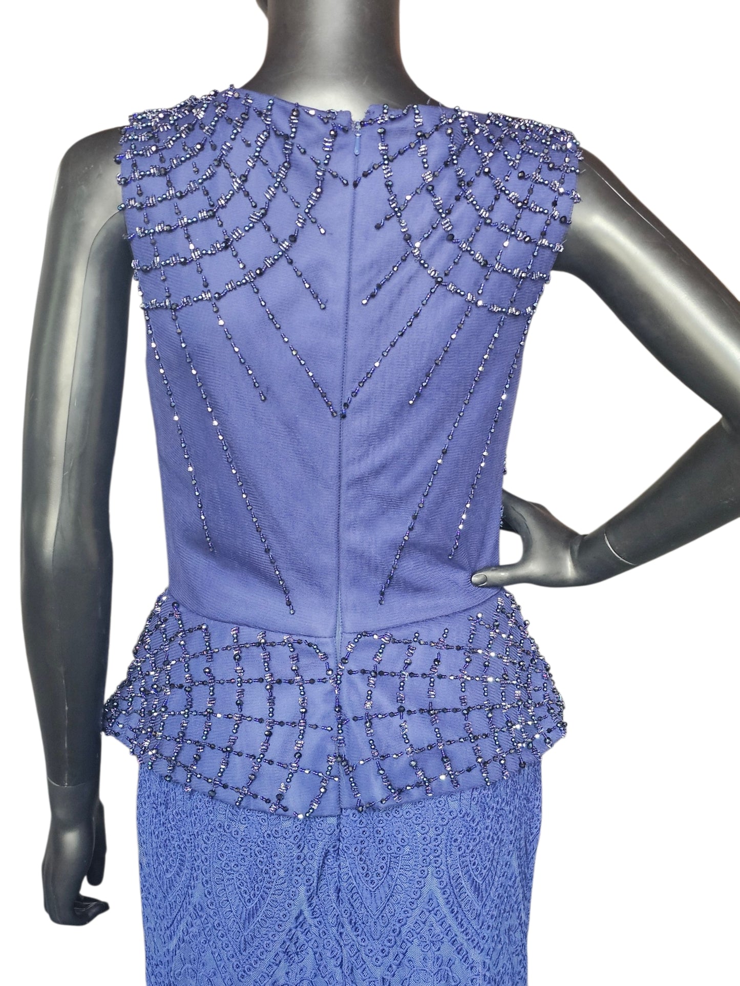 Navy Blue Beaded/Lace Peplum Fit/Flare Jewel Collar Formal Dress - Lara