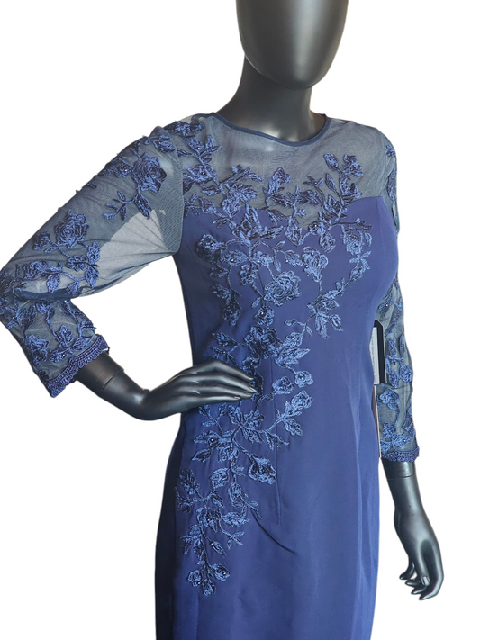 Navy Illusion Sleeve Fitted Formal Dress - NWT