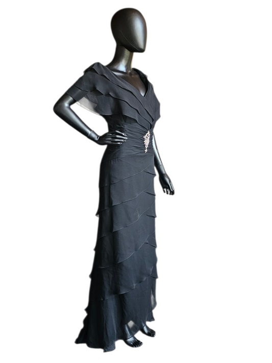 Black Chiffon Fit/Flared Tiered Cap Sleeve Applica Detail Formal/Moms Dress - Jovani