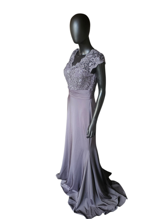 Slate Lace Cap Sleeve Fit/Flare Formal Dress - Alyce